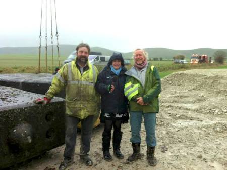 Timothy Daw, BBC Wiltshire's Karen Gardner, and Julian Richards with the concrete uprights